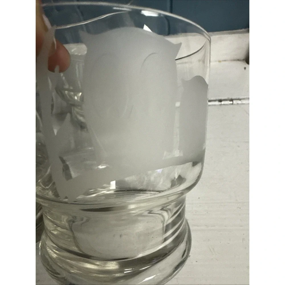 4 Vtg MCM Bonwit Teller Etched‎ Frosted Owls Old Fashioned Tumbler 10 oz Glasses